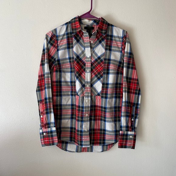 J. Crew | Red/White/Black Tartan Plaid Long-Sleeved Button-Down Shirt Sz 0 - Picture 1 of 6